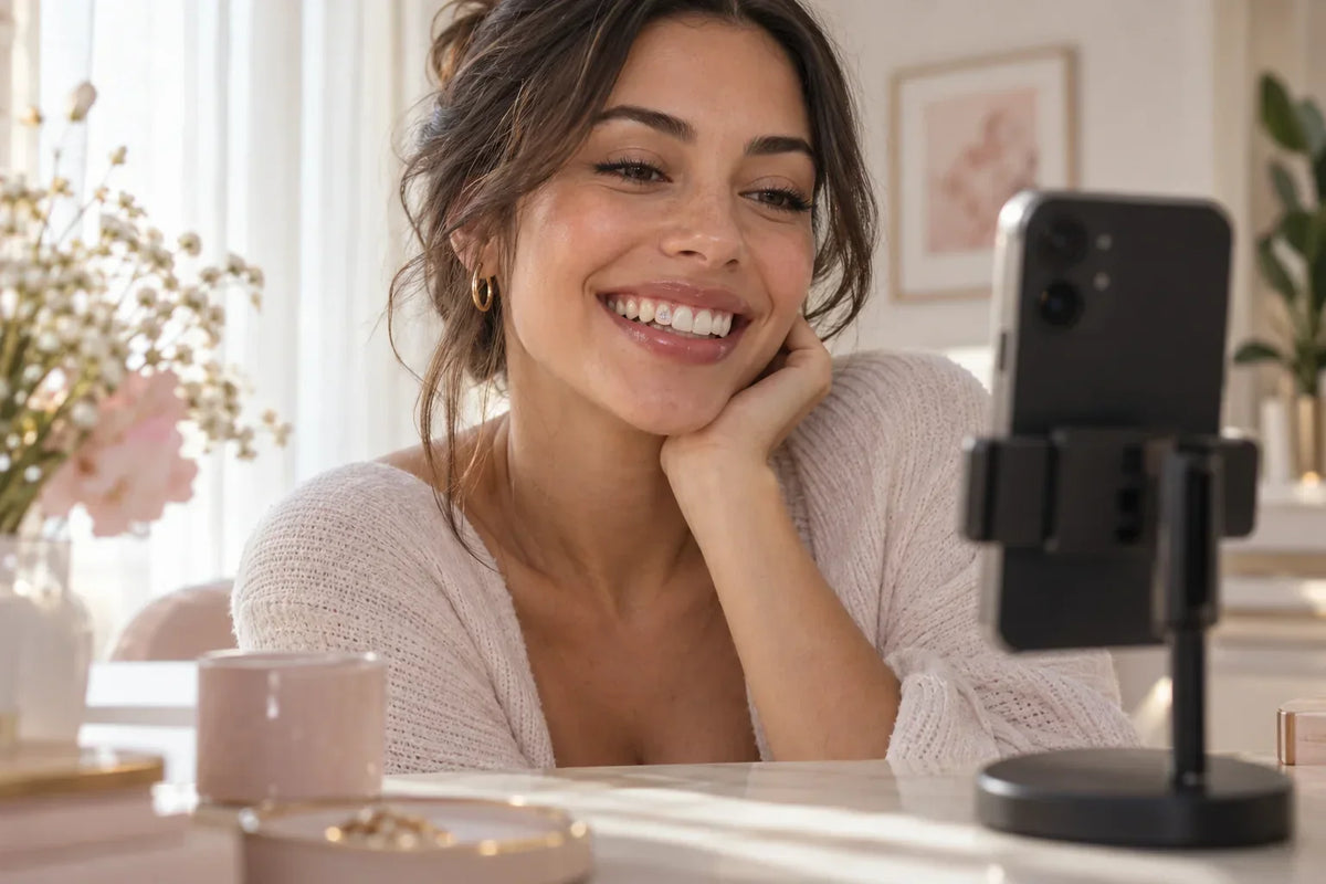 Smartphone sur un support photographiant un sourire naturel portant un petit strass dentaire en cristal, sous une lumière douce.