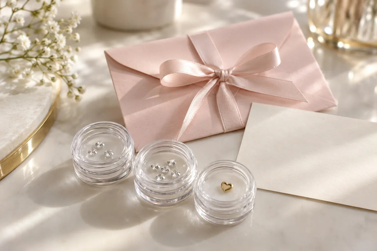 Rosa Geschenkumschlag und unbeschriftete Karte neben kleinen Kristallen als Zahnschmuck und einem goldfarbenen Herzmotiv in transparenten Behältern.