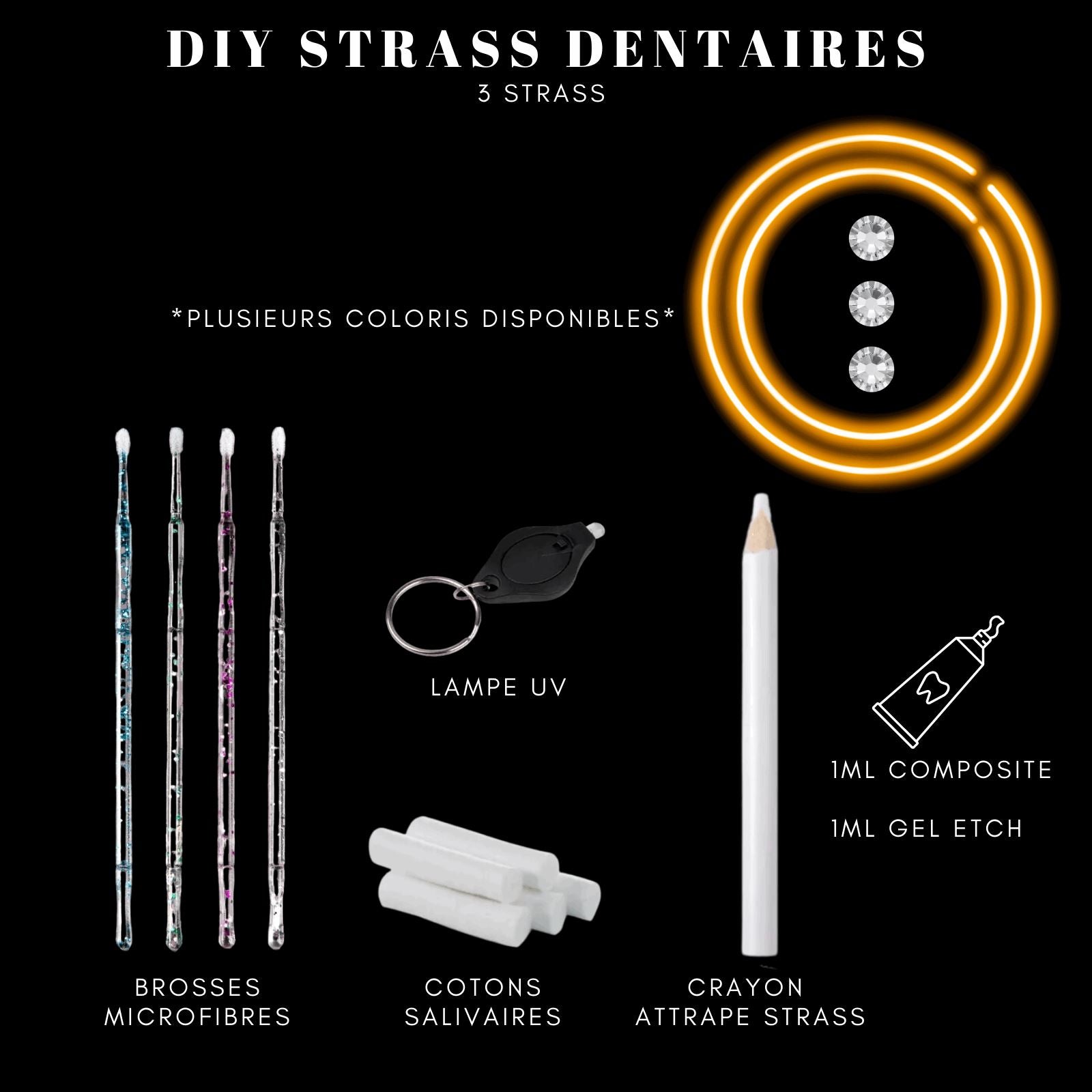 DIY Tooth Gems Kit 3 STRASS - Ton Kit de Pose de strass dentaire Homemade