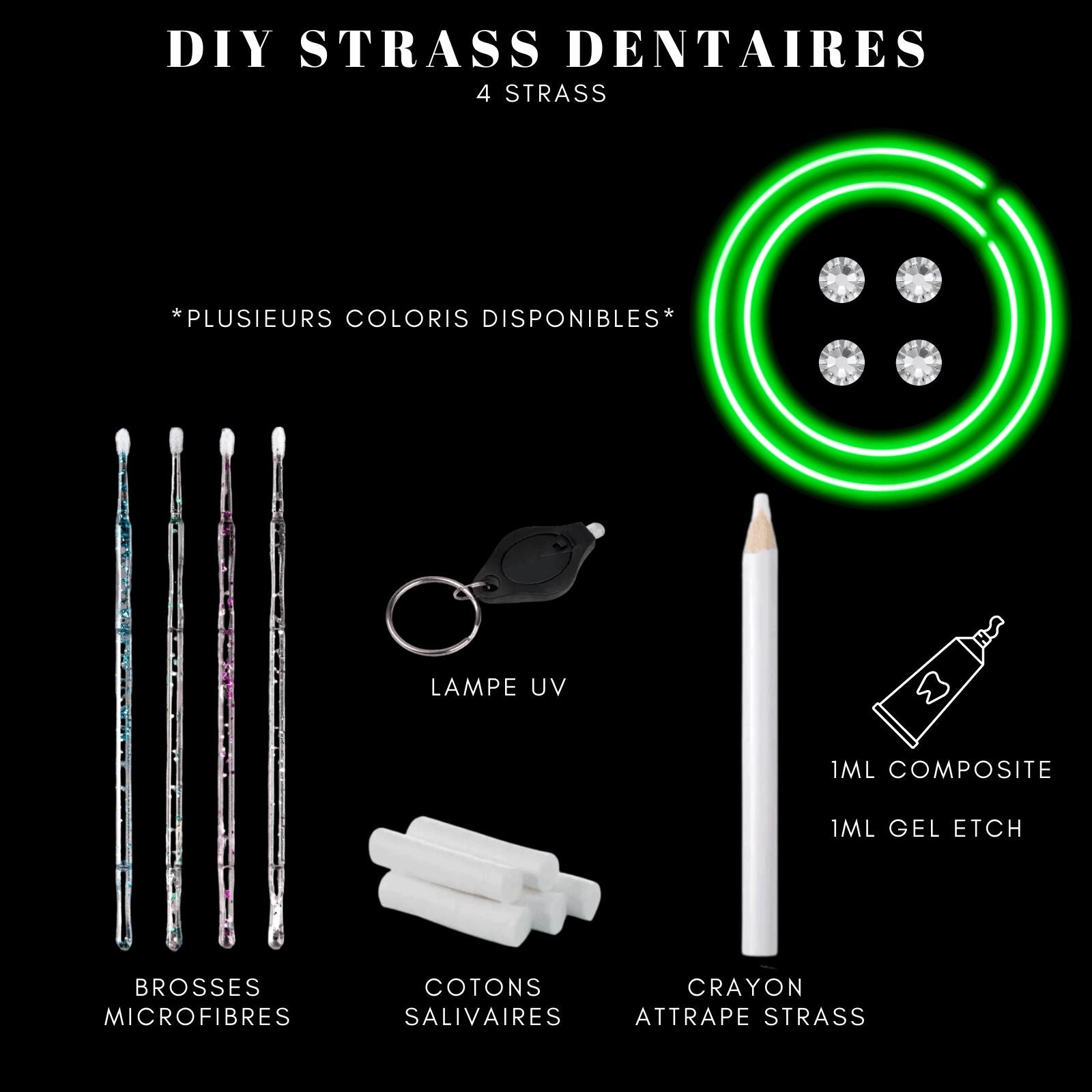 DIY Tooth Gems Kit 4 STRASS - Ton Kit de Pose de strass dentaire Homemade