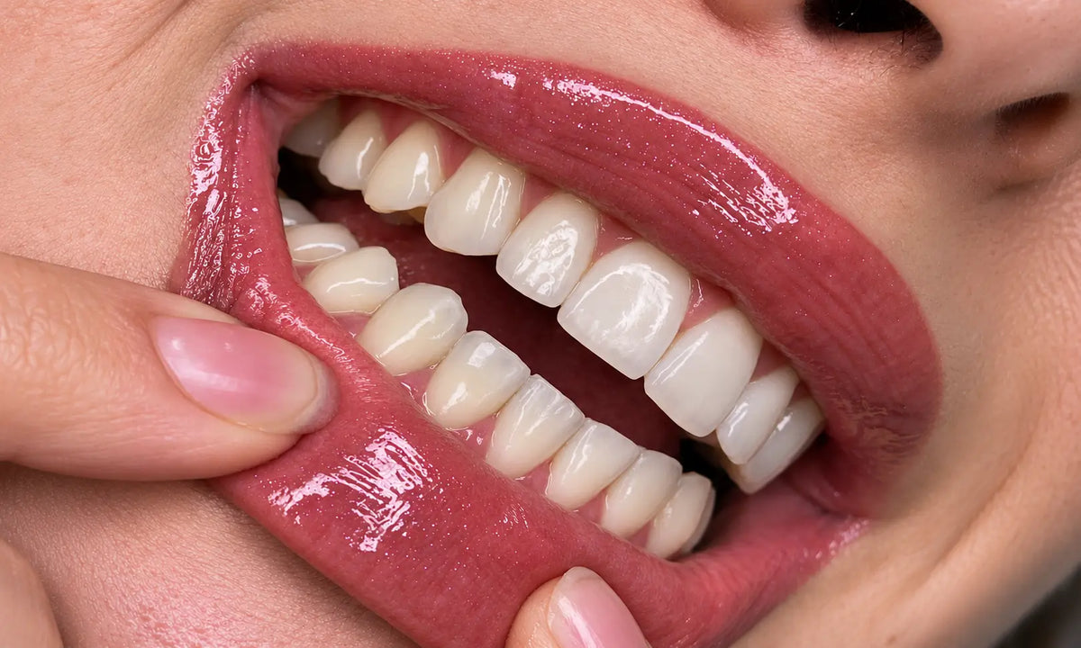 Gros plan d’un sourire avant la pose de bijoux dentaires.