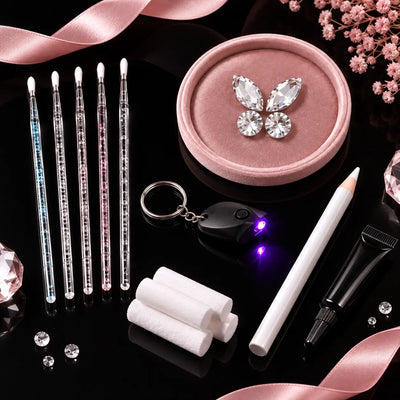 Kit DIY de bijoux dentaires avec strass et outils de pose.
