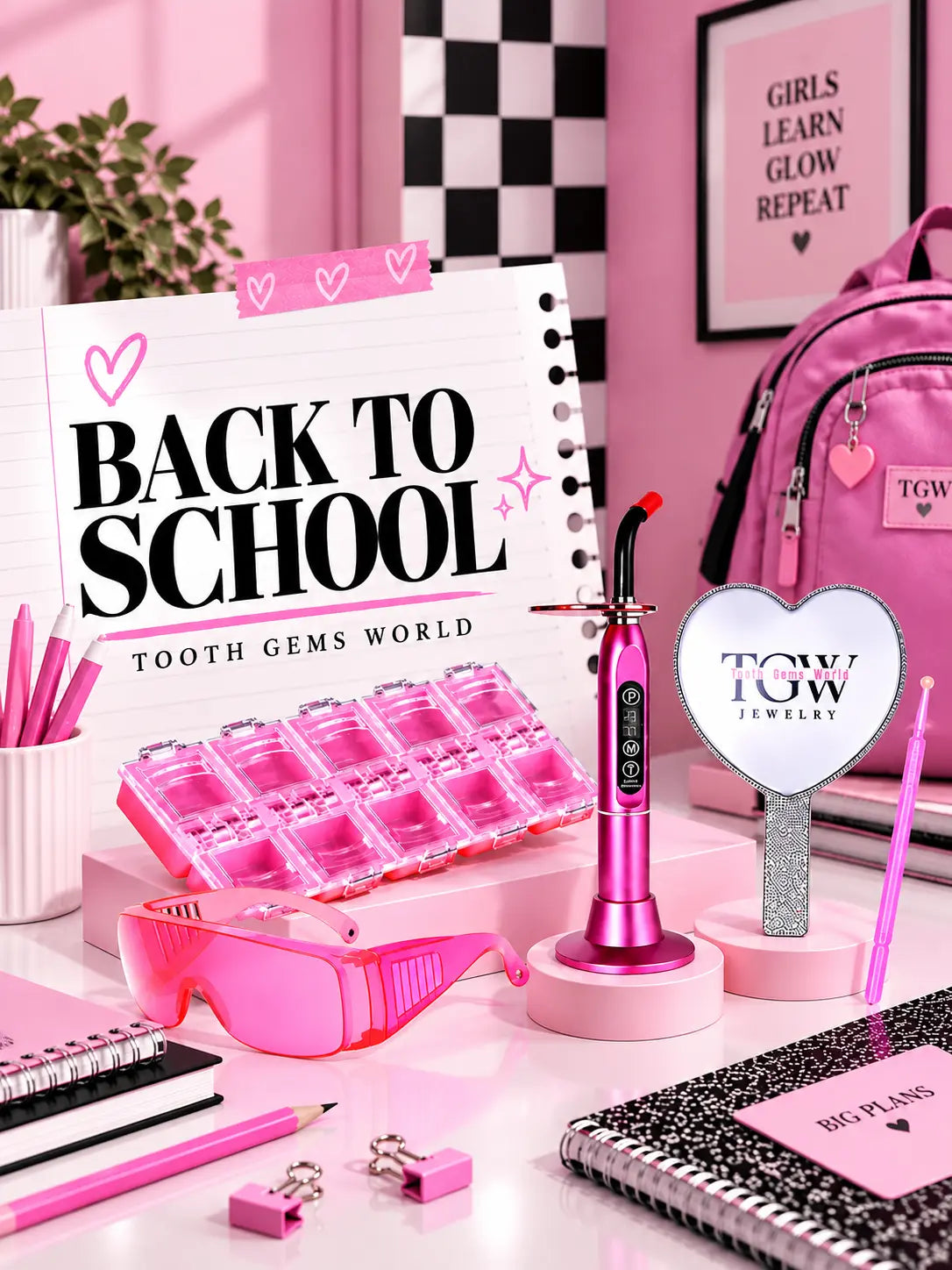 Visuel Back to School Tooth Gems World avec boîte de rangement rose, miroir cœur, lampe LED et accessoires.